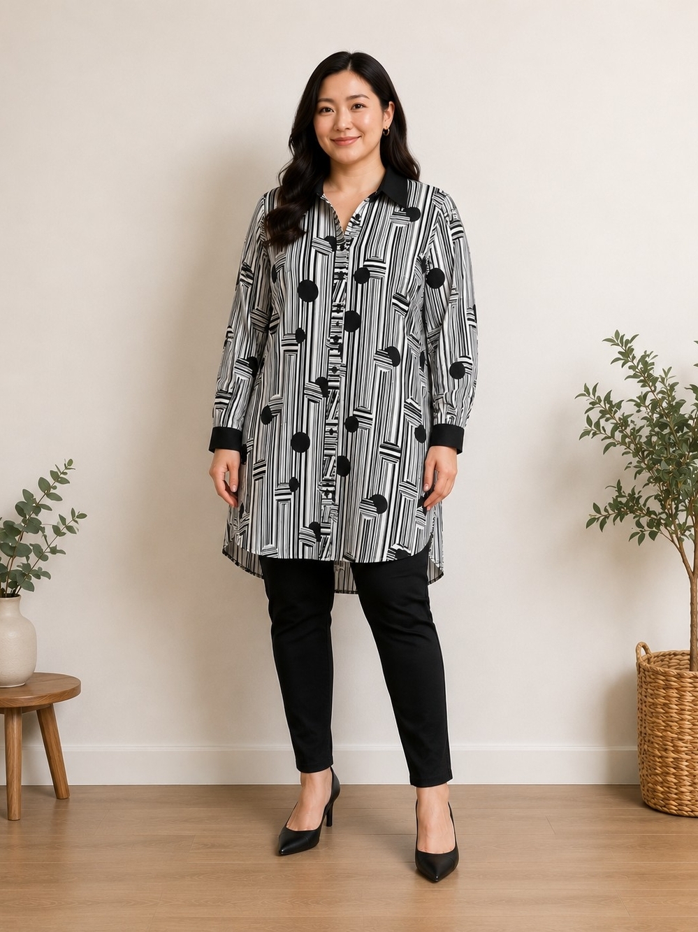 Black & White Printed Button-Front Tunic Shirt